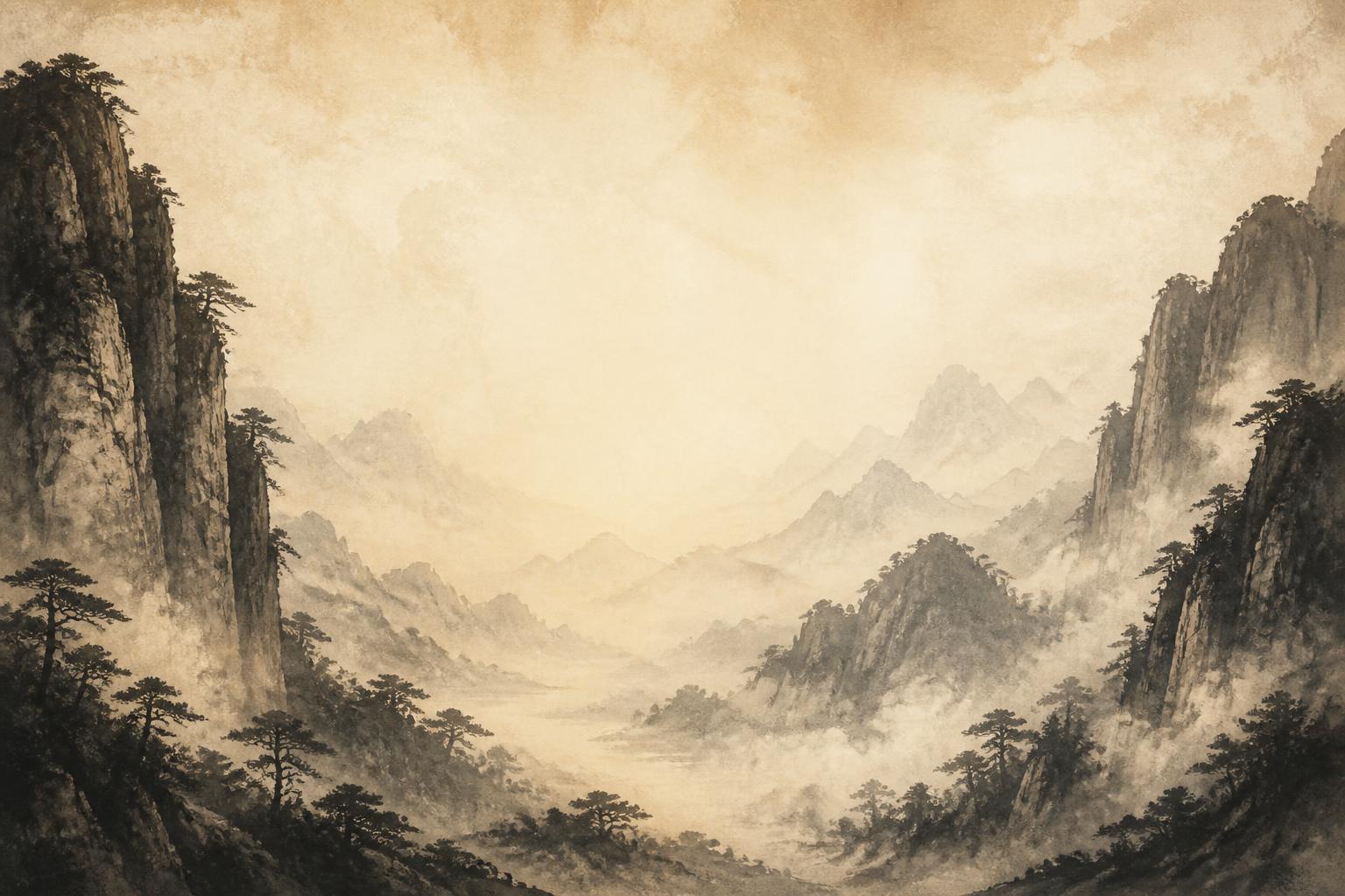 Paisaje de montañas orientales entre niebla